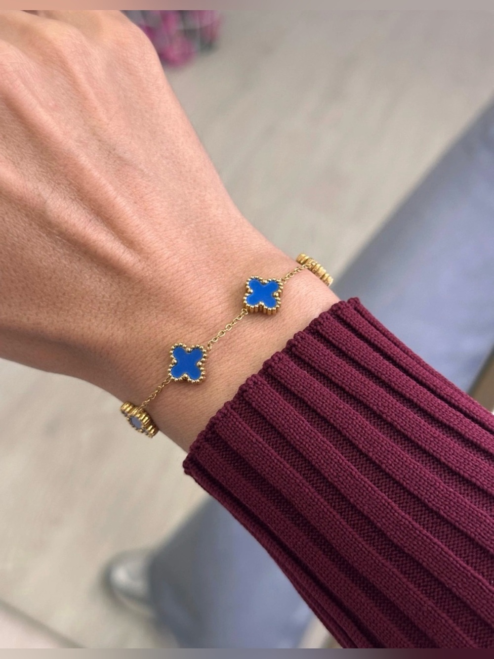 Blue Four Leaf Clover Bracelet Stainless Steel Double Sided Adjustable - Picture 3 of 4